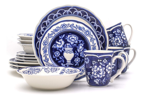 Euro Ceramica Azul Jardin 16 piezas Pintado A Mano Juego De 