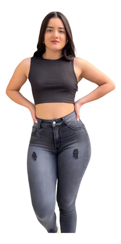 Jeans Mujer  Emporium, Gris Roto  , Corte Colombiano (emp005