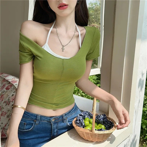 Camiseta Verde De Fibra De Poliéster Para Mujer, Diseño Sexy