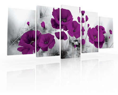 Set De 5 Cuadros Decorativos Para Sala, Flores Morado