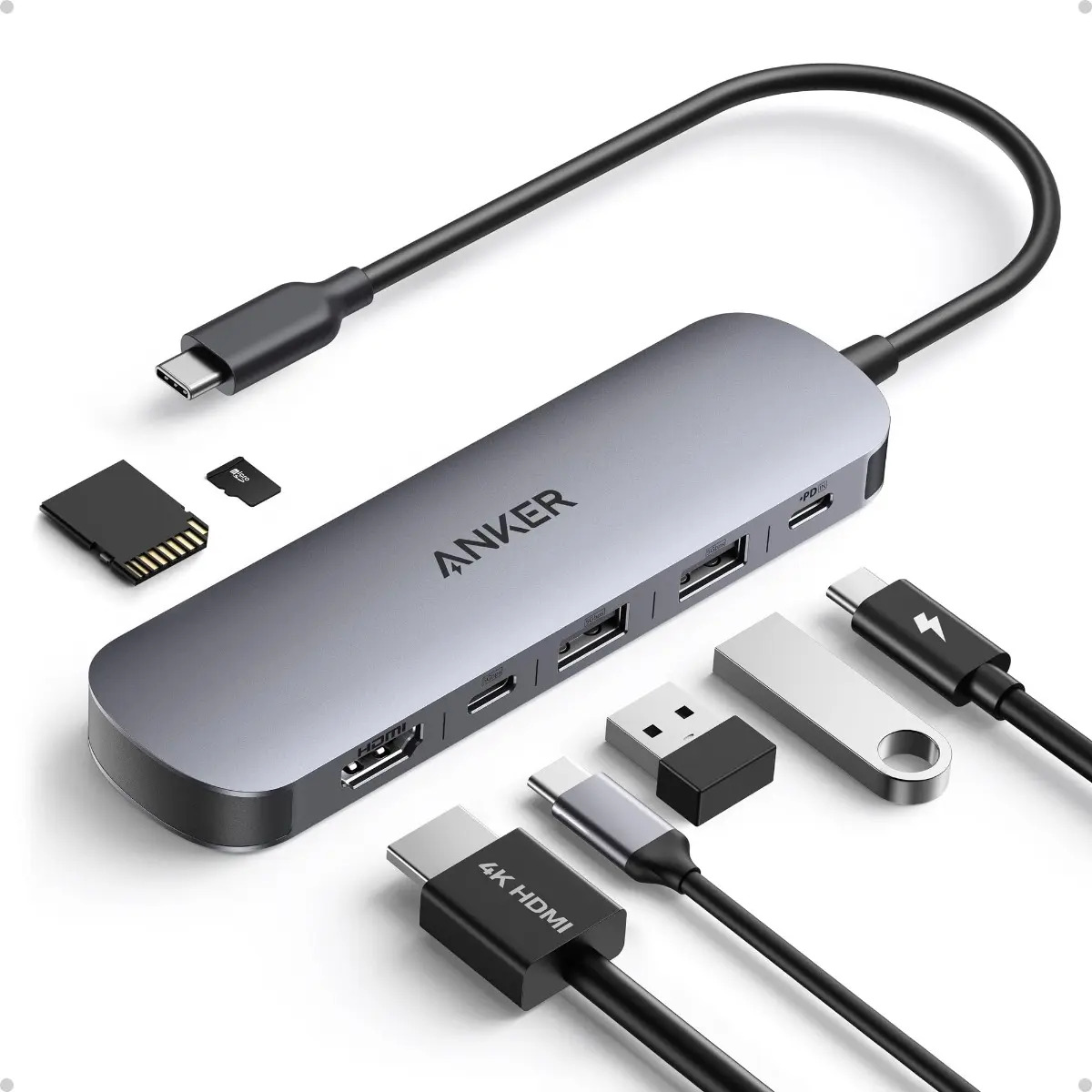 Hub Usb C 7 Portas Em 1 Anker Adaptador Multiporta para Notebook, HDMI 4K@60Hz, Até 85W, 3 portas USB-A e USB-C 3.0, Leitor de Cartões SD/TF, Compatível com Thunderbolt para MacBoo