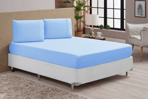 Jogo Lençol 3 Peças Cama Box Queen 400 Fios Micropercal Cor Azul Bebe Desenho Do Tecido Liso