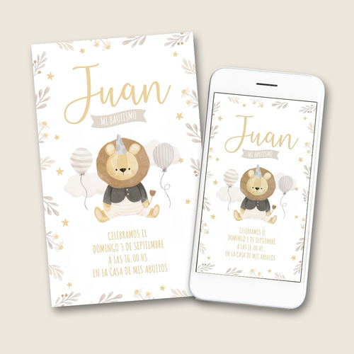 Invitación Digital Baby Shower Bautismo Leoncito Primer Año