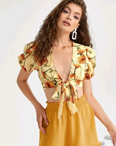 Crop Top Blusa Floreado Amarillo Amarre Frontal MercadoLibre