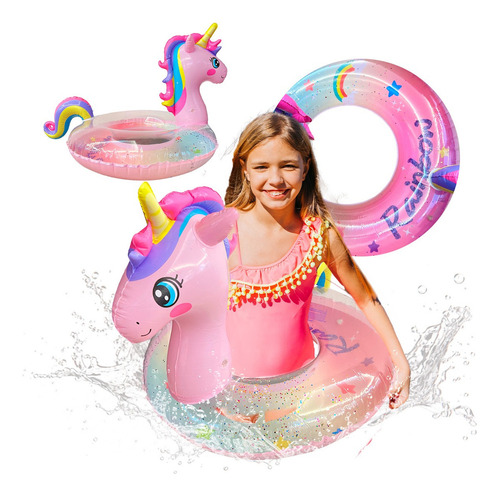 Salvavidas Unicornio Glitter Inflable Arcoiris Rosa Flotador