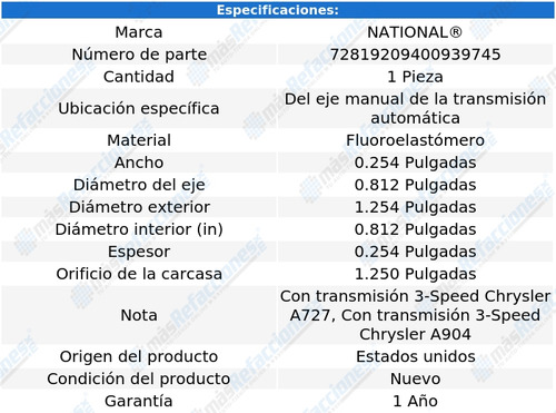 Retén Eje T/ A P/ Fargo D100 Pickup 66 Al 72 National