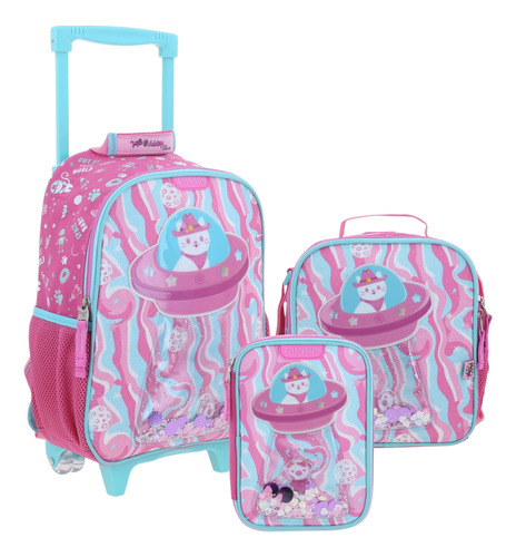 Mochila En Kit Con Ruedas Kinder Chenson Gato Hg70162-p Rosa Chicle Gato Space