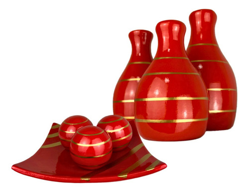 Conjunto Enfeite Ceramica Trio Vasos Centro Mesa Decorativo Cor Leticia Vermelho Filete Dourado