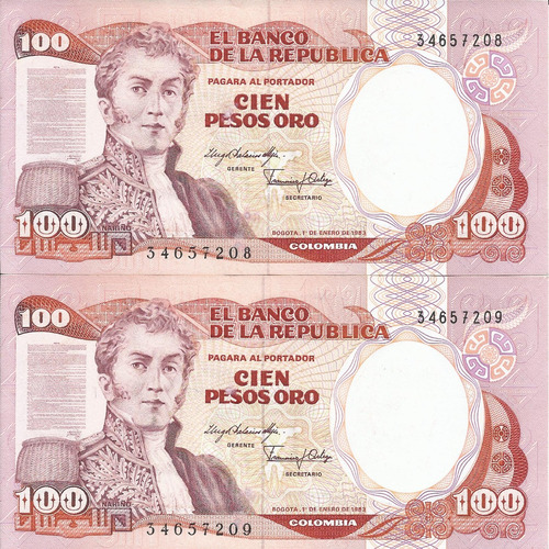 Colombia Dúo De Números Consecutivos 100 Pesos 1 Enero 1983