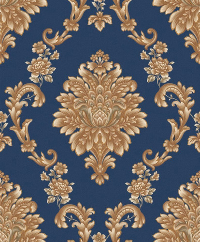 Papel De Parede Vinílico Pvc Arabesco Azul Dourado Rolo 9,5m