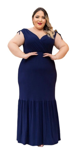 Vestido Longo Plus Size Decote Coração Lacinho Na Manga