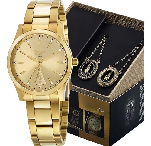 comprar Relógio Seculus Feminino Com Colar Nossa Senhora Aparecida Cor da correia Dourado Cor do bisel Dourado Cor do fundo Dourado
