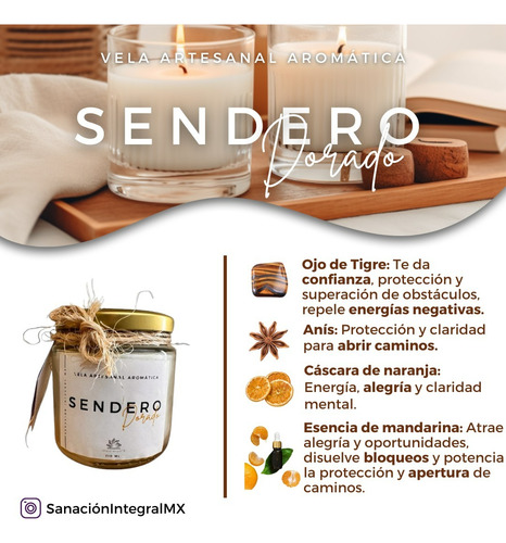 Vela Artesanal Aromática - 210 Ml - Protección Y Abre Camino Blanco Vela Sendero Dorado Mandarina
