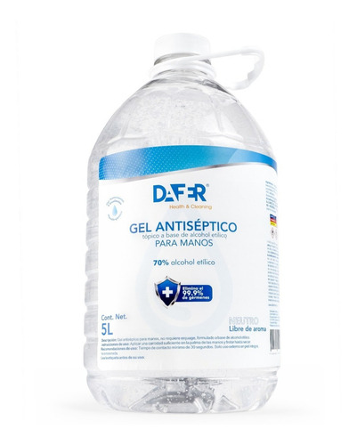 Alcohol gel Dafer Health & Cleaning Gel Antibacterial NEUTRO en botella fragancia a neutra 5 L 5 kg