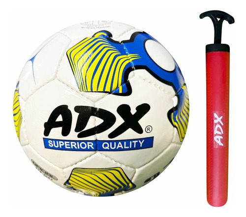 Balon Futbol #5 Cosido-mano Peso 430g C/bomba,caja P/regalo Color Blanco Con Azul Y Amarillo