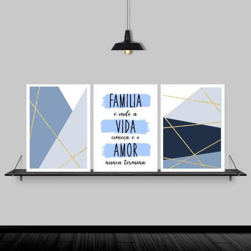 Kit 3 Quadros Família Vida Amor Azul 33x24cm Moldura Branca