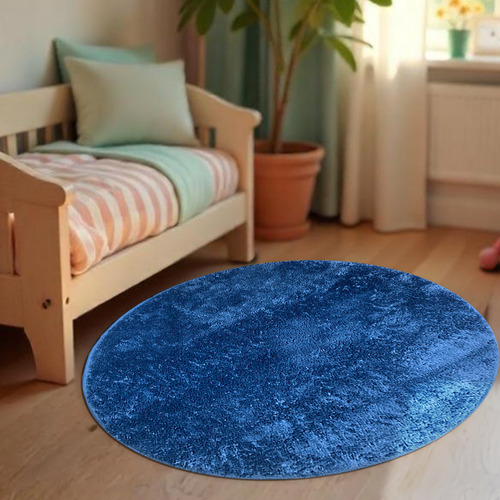 1 Tapete Quarto Infantil Peludo Redondo 1,50m Oa Cl Azj Comprimento 1.5 M Cor Azul Jeans Escuro Marinho Desenho Do Tecido Felpudo Liso Largura 1.5 M