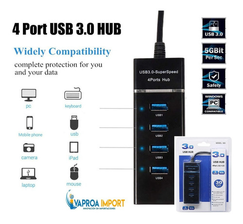 Imagen 1 de 10 de Adaptador Hub Usb 3.0 Pc Laptop De 4 Puertos Alta Velocidad