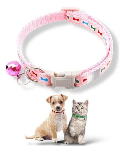 Collar Ajustable Con Cascabel Para Perro Gato Mascotas Hueso Color Rosa Huesos Tamaño del collar S