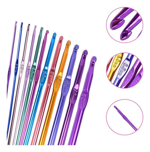 Juego 12 Agujas De Crochet Metal Acero Set Kit Calidad Tejer