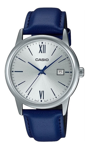 Reloj Casio Hombre Mtp-v002l-2b3, Fechador, Numeros Romanos Color de la correa Azul marino Color del bisel Plateado Color del fondo Plateado