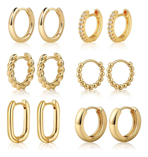 6 Pares Aretes Para Mujer Oro 14k Set Arracadas Moda