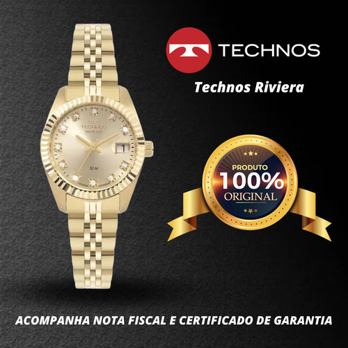 Relógio Technos Feminino Classic Riviera Cristais Dourado