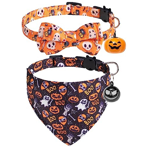 Collar De Gato De Halloween Corbata Y Bandana Desmontab...