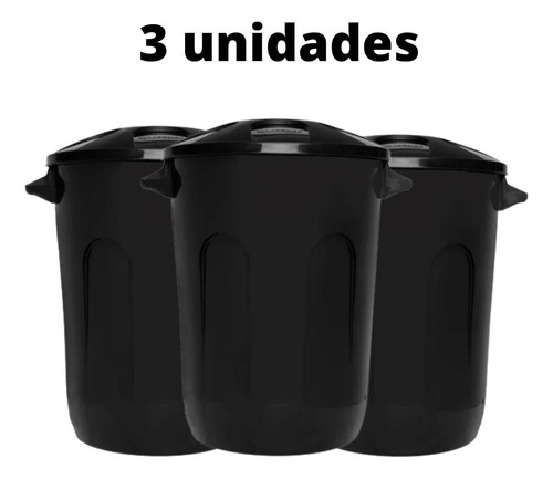 Kit Com 3 Unidades Cesto Fechado Com Tampa 30l Preto Eco Na