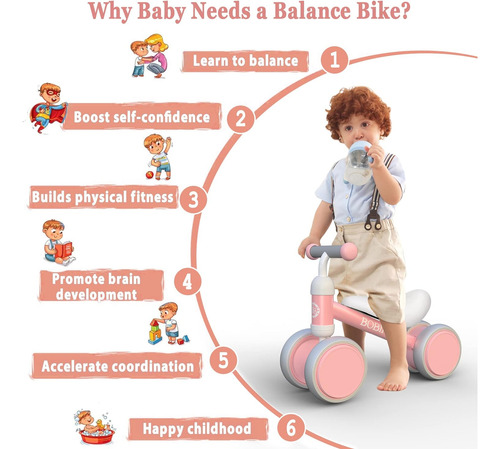 Bicicleta De Equilibrio Para Bebés, Rosa, 4 Ruedas Sin Pedal