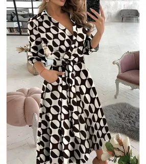 Vestido Feminino Com Estampa De Cinto E Manga Longa