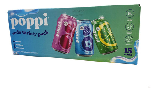 Soda Prebiotica Poppi 15 Pz Doc Pop, Wild Berry Y Lemon Lime