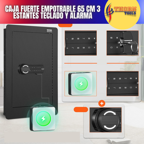 Caja Fuerte De Pared 65cm 3niveles Con Teclado Y Estantes Hb Color Negro