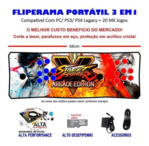 Imagem 1 de 3 de Fliperama Portátil Slim 3 Em 1 Com Sensor Óptico - Ryu E Ken