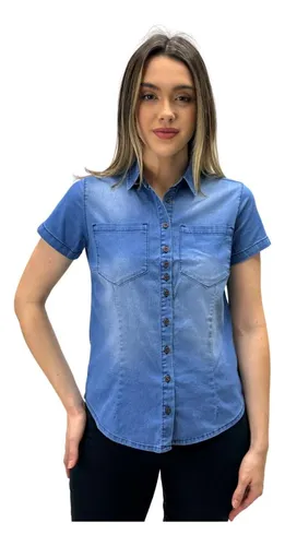 Camisa jeans feminina manga curta store mercado livre