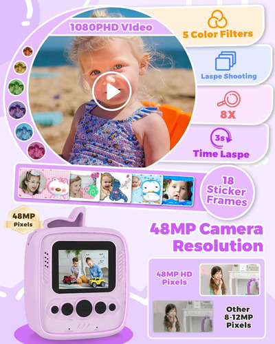 Cámara Yingoot Kids Instant Print De 48 Mp Y 1080p Con Funda