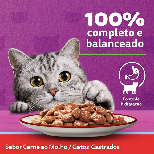 Pack Ração Úmida Whiskas para Gatos Adultos Castrados Sachê Carne ao Molho, 85g - 20 unidades