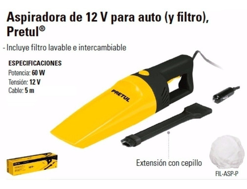 Aspiradora Portatil Para Auto Cigarrera 12v 60w Pretul 5mts