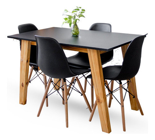 Juego Comedor Nórdico Mesa Escandinava 140 + 4 Sillas Eames Color Negro Diseño De La Tela De Las Sillas Liso