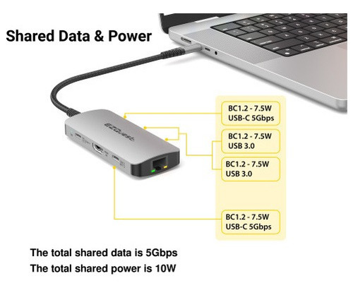 Ezquest Hub Usb C 7-1 100w Pd Hdmi 4k Usb C/a/lan 1000mbps