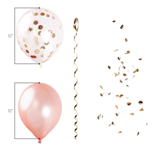 Imagen 3 de 3 de Set Globos Latex + Transparente Cristal Confetti Rosa Gold