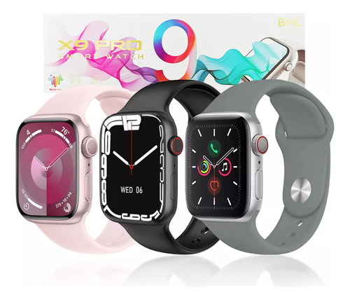Bml Relógio Smartwatch X9 Pro Android Ios Amoled Preto Caixa Cinza Bisel Rosa Desenho Da Pulseira Lisa