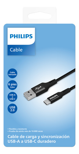 Cable Philips De Carga 15w Usb-a A Usb- C De 2 Metros