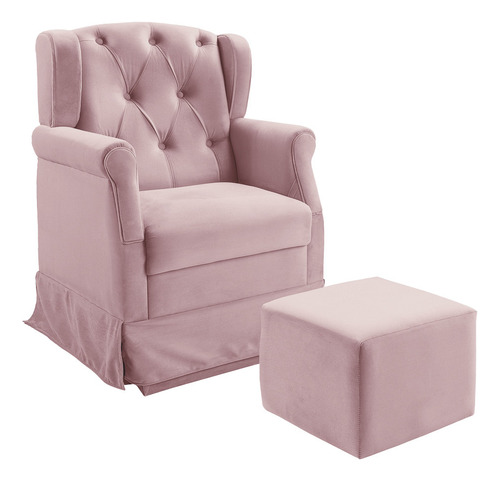 Poltrona Cadeira De Amamentação Balanço E Puff Ternura Corin Cor Rosa Desenho Do Tecido Liso