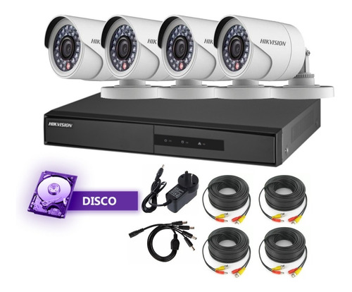 Kit 4 Camaras Exterior Dvr Hikvision 8 Ch Fullhd Lite + Disco + Cables O Baluns
