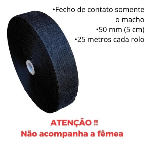 Velcro Fecho Gancho E Laço 50mm 25metros Largura 5cm Macho Preto