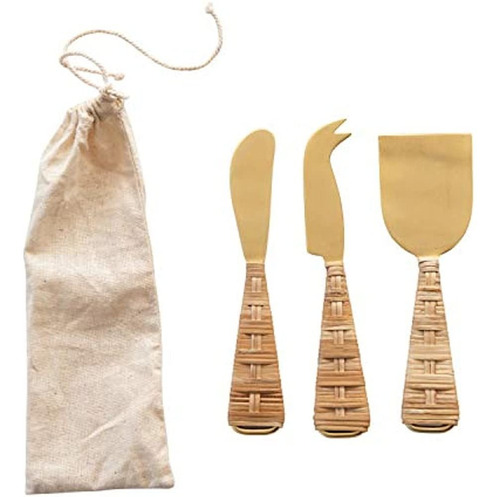 Creative Co-op Cheese Knives With Rattan Handles, Gold Finis