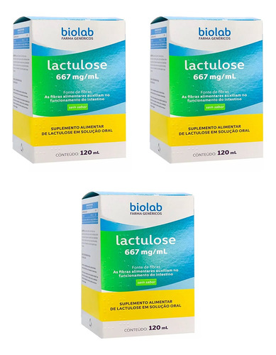 Kit 3 Suplemento Biolab Lactulose Fibras 667mg/ml 120ml Sem Sabor