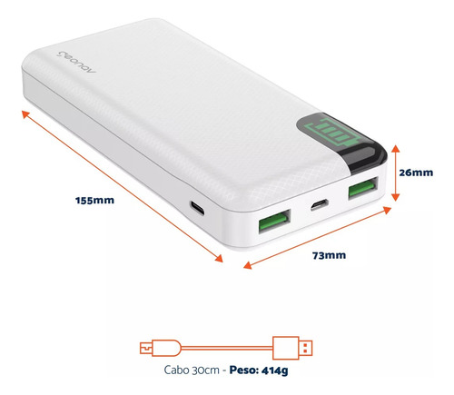 Carregador Portátil Power Geonav 20.000 Mah Pb20kwt Branco