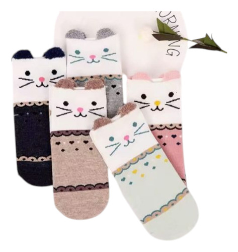 3 Pares De Calceta Tipo Tines Con Diseños De Gatito Variados Estampado Único